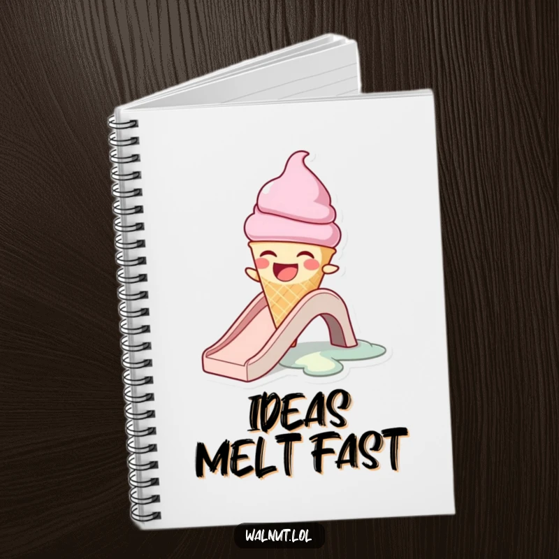 Funny notebook with a laughing ice cream cone character melting on a slide, perfect for journaling, notes, or creative writing.