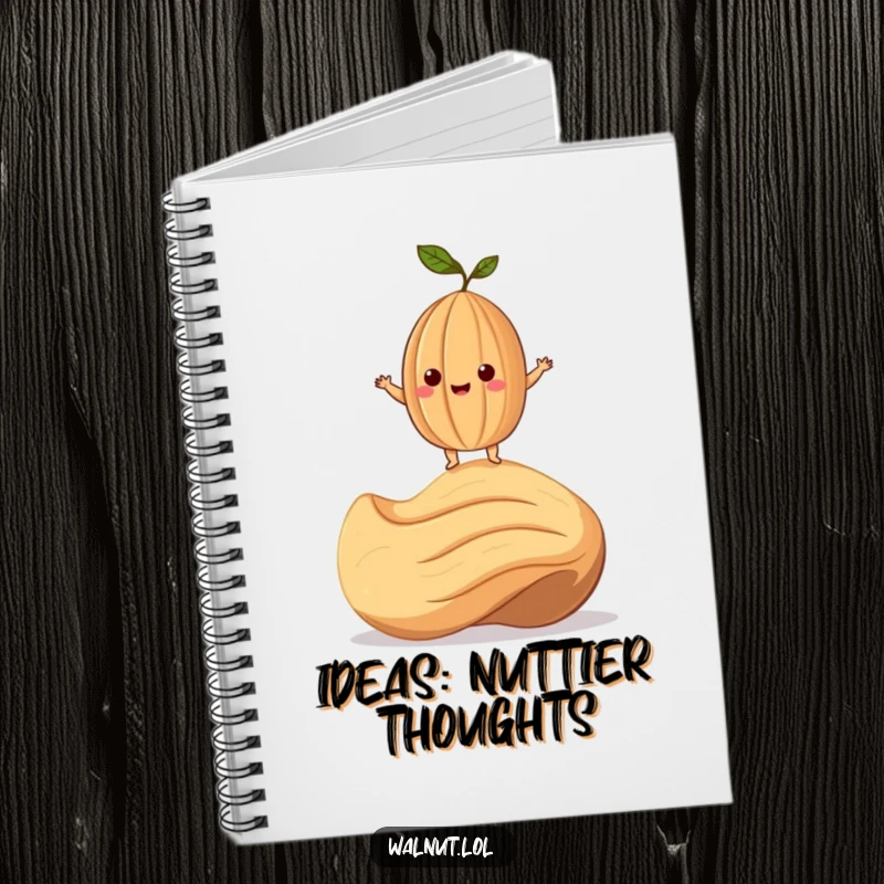 Funny Notebook featuring a smiling walnut character precariously balanced on a giant cashew, designed for jotting ideas.
