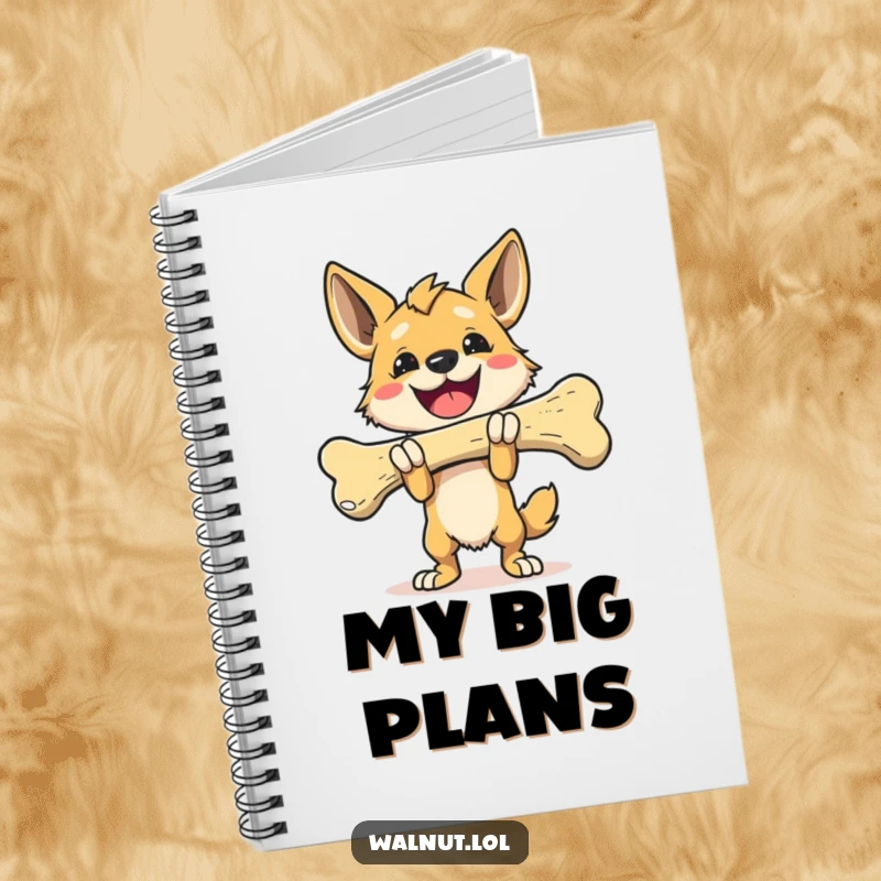 Funny Notebook with a triumphant dog carrying a giant bone, ideal for recording victories and plans.