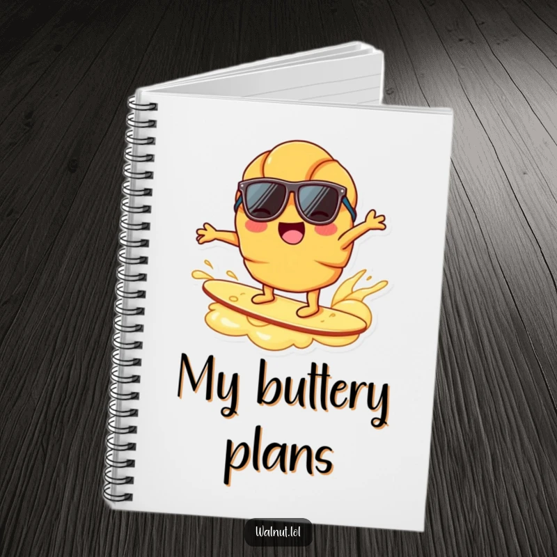 Funny joyful croissant character, sunglasses, surfing on butter ripple, breakfast humor, beach vibe, journal funny stationery.