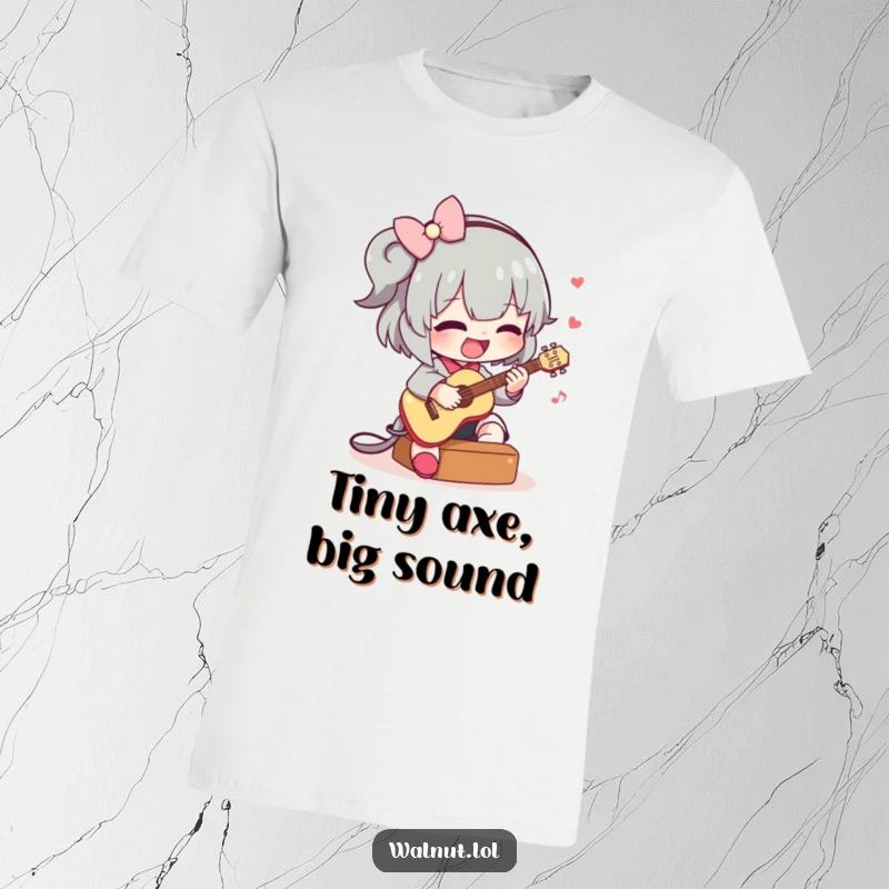 Funny t-shirt featuring a delightful character strumming a tiny guitar with passion and a happy expression, perfect for music lovers.
