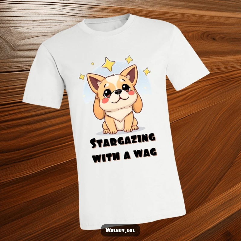 Funny t-shirt with a dog looking thoughtfully at the starry night sky, conveying a sense of cosmic awe and wisdom.