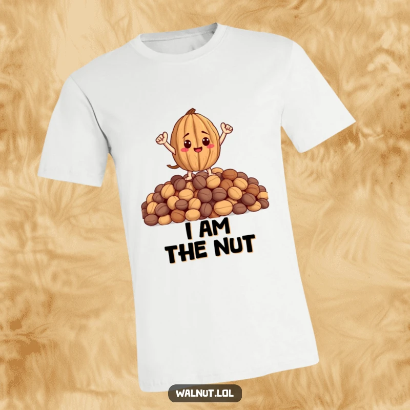 Funny t-shirt featuring a small walnut with arms striking a heroic pose on a pile of nuts, exuding confidence.