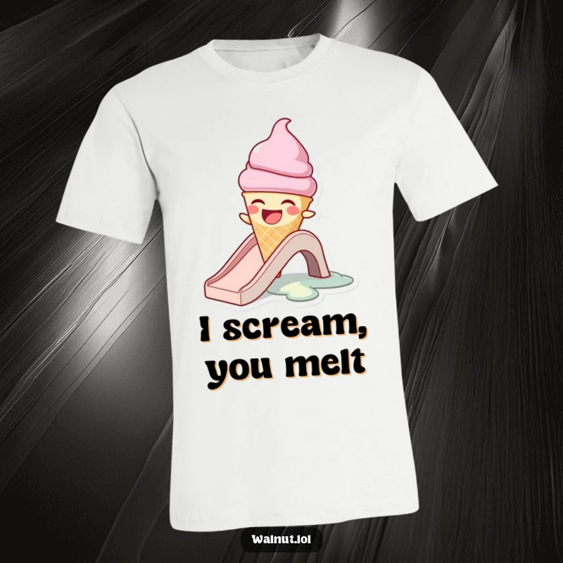 Funny T-Shirt with a laughing, melting ice cream cone character on a slide, evoking the heat of summer and relatable struggles.