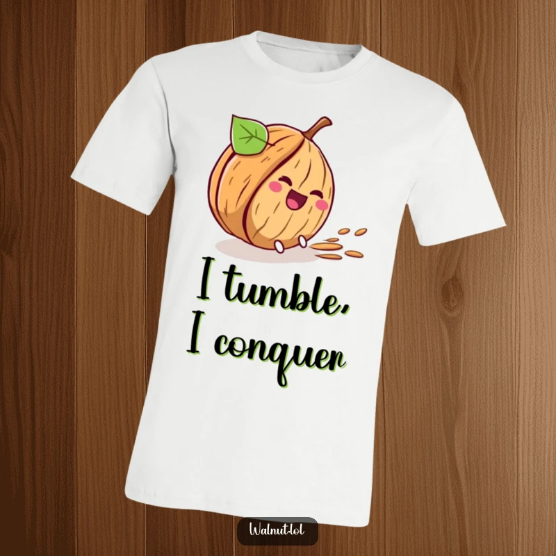 Funny t-shirt graphic of a walnut character comically rolling down a hill, leaving a trail of laughter.