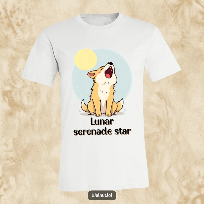 Funny T-Shirt with a wild dog howling joyfully at a full moon, embodying freedom and nocturnal delight.