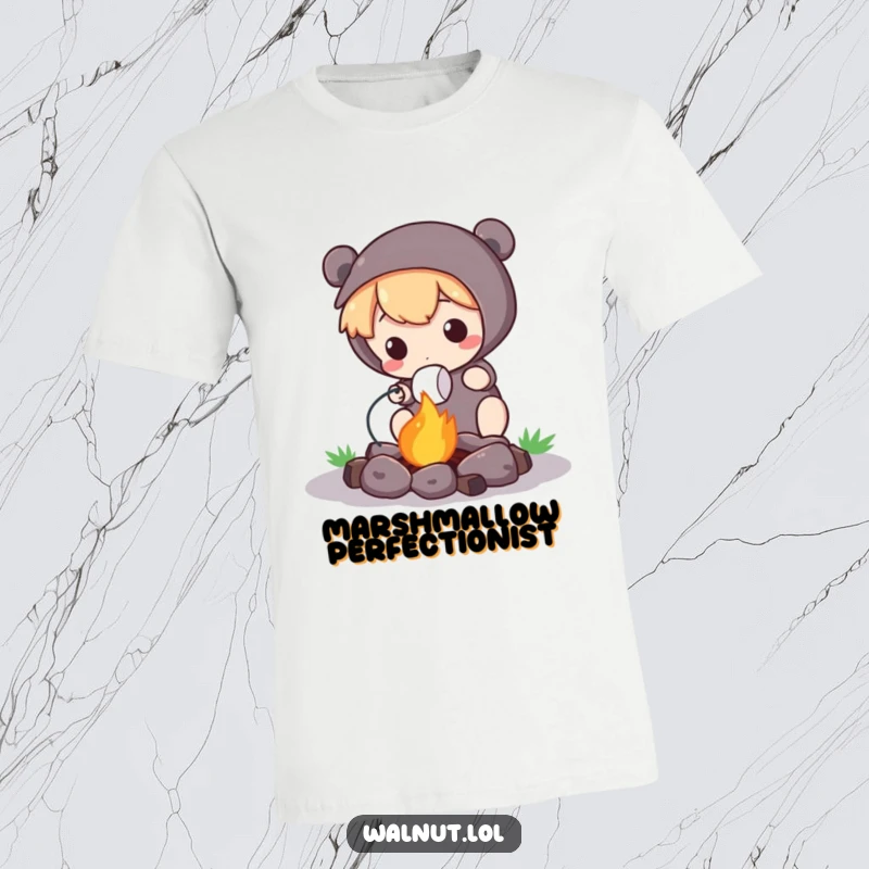 Funny T-Shirt of a cute character toasting a marshmallow over a small campfire, celebrating outdoor coziness.