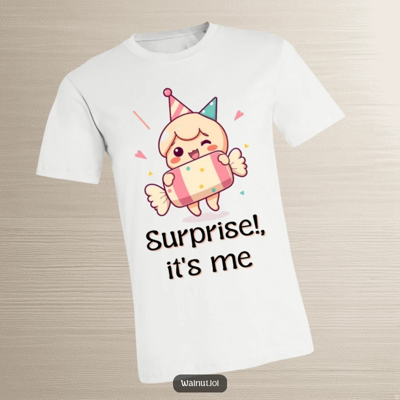 Funny t-shirt depicting a character joyfully popping a giant party cracker. A festive and humorous gift.