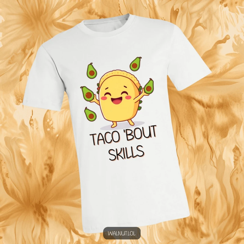 Funny Taco Avocado T-Shirt: A smiling taco character energetically juggling small avocados, radiating pure foodie joy.