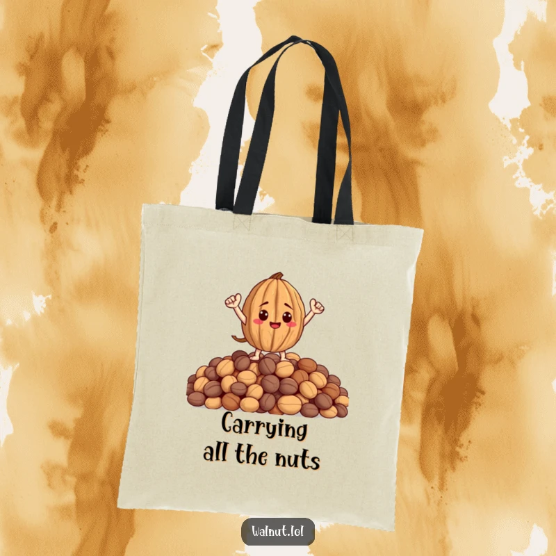 Funny tote bag featuring a brave walnut with arms striking a heroic pose on top of a pile of nuts.
