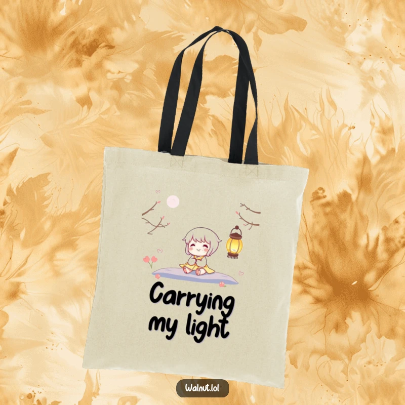 Funny tote bag featuring a happy character enjoying the warm, twinkling light of a lantern, perfect for carrying essentials with charm.