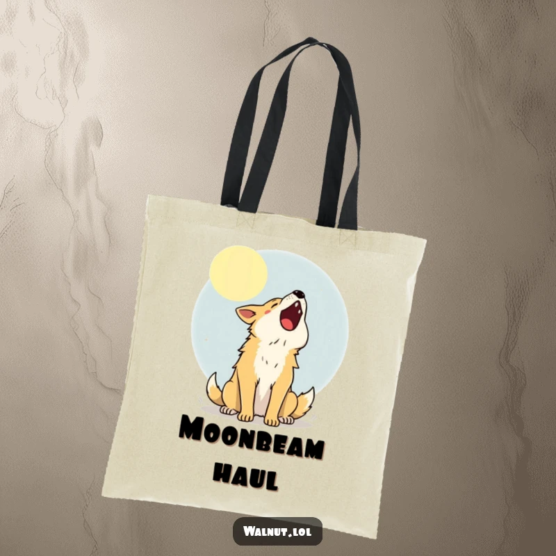 Funny Tote Bag with a joyful dog howling at the moon, great for carrying necessities with a lunar theme.