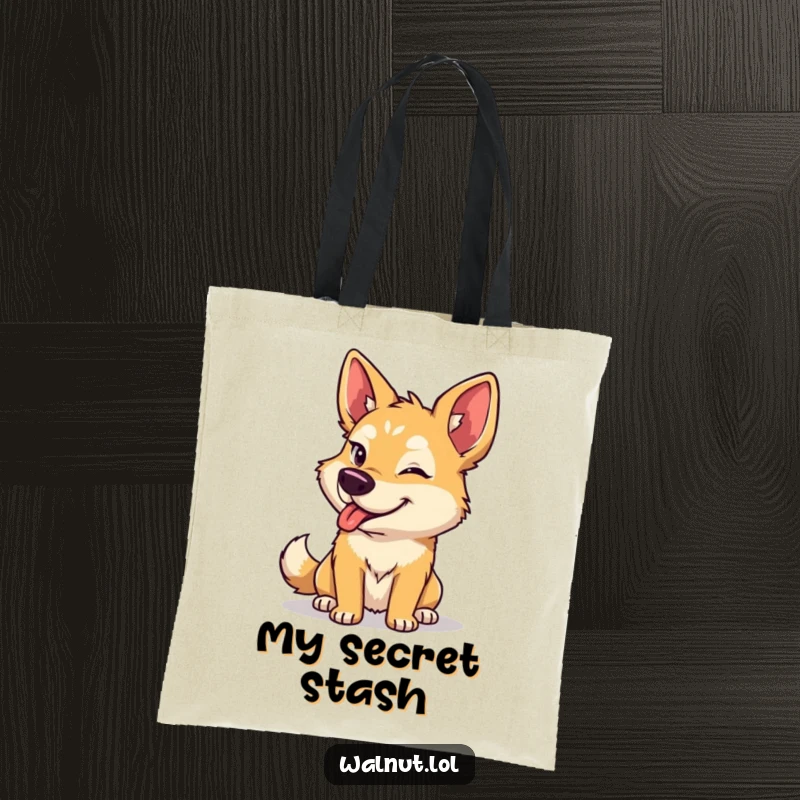 Funny dog tote bag showcasing a wild dog with a charmingly mischievous wink, perfect for carrying essentials with flair.