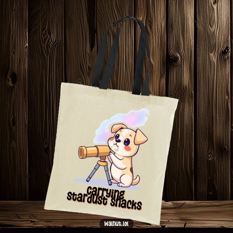 Funny tote bag with a dog observing a galaxy through a telescope, a unique accessory for space enthusiasts and dog lovers.