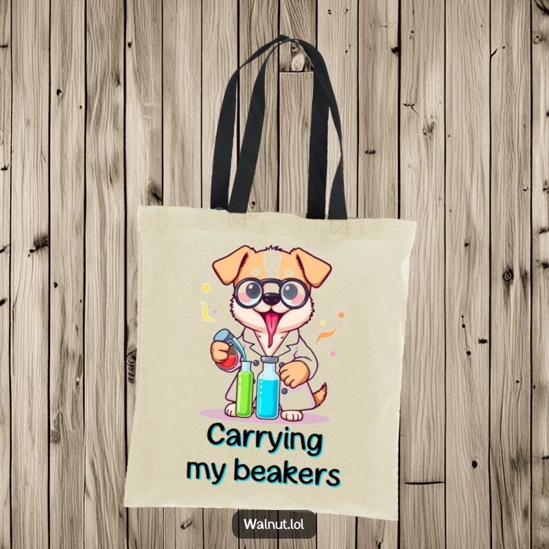 Funny lab coat dog tote bag with a dog in a lab coat mixing colorful solutions, ideal for carrying supplies.