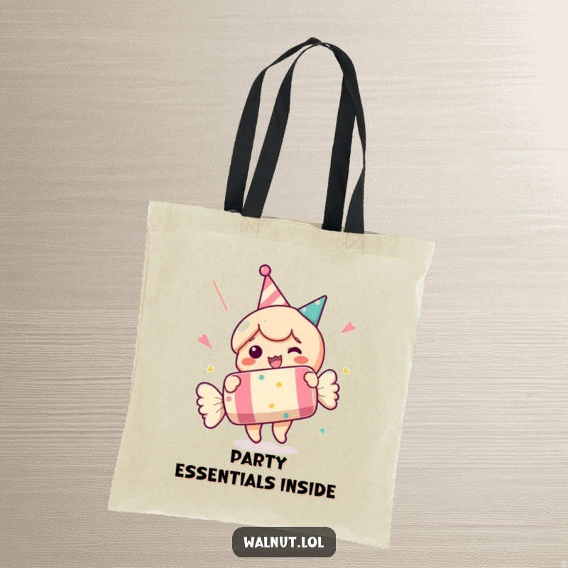 Funny tote bag showing a character popping an oversized party cracker. Practical and humorous for carrying party supplies. Gift.
