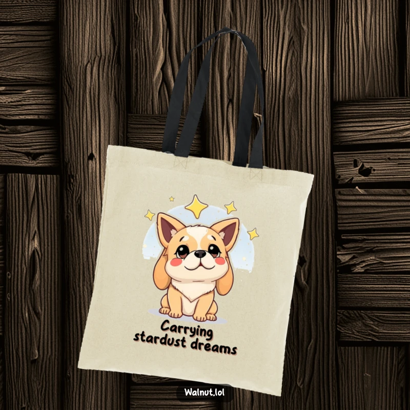 Funny tote bag with a dog looking wisely at a beautiful starry night sky, perfect for carrying everyday items.