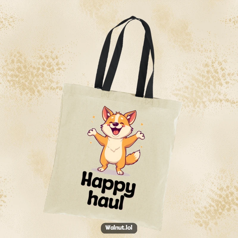 Funny Tote Bag with a happy dog doing a dance, great for carrying essentials while spreading cheer.